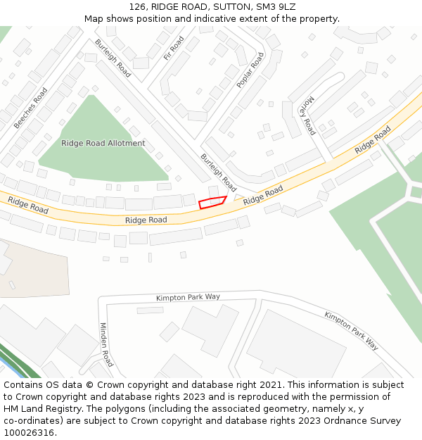 126, RIDGE ROAD, SUTTON, SM3 9LZ: Location map and indicative extent of plot