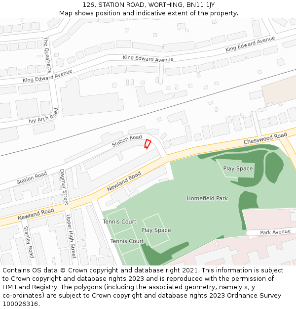 126, STATION ROAD, WORTHING, BN11 1JY: Location map and indicative extent of plot