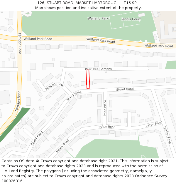 126, STUART ROAD, MARKET HARBOROUGH, LE16 9PH: Location map and indicative extent of plot