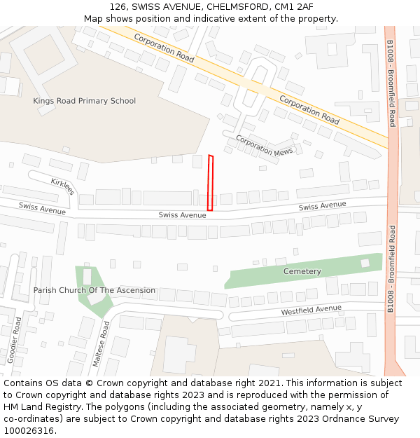 126, SWISS AVENUE, CHELMSFORD, CM1 2AF: Location map and indicative extent of plot