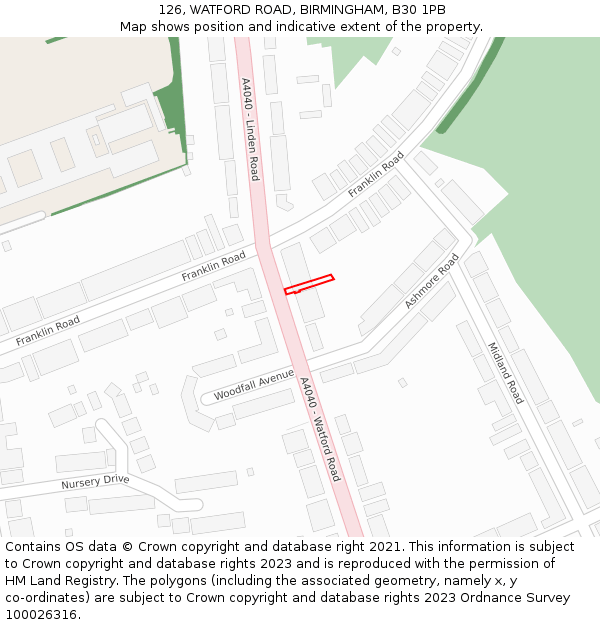 126, WATFORD ROAD, BIRMINGHAM, B30 1PB: Location map and indicative extent of plot
