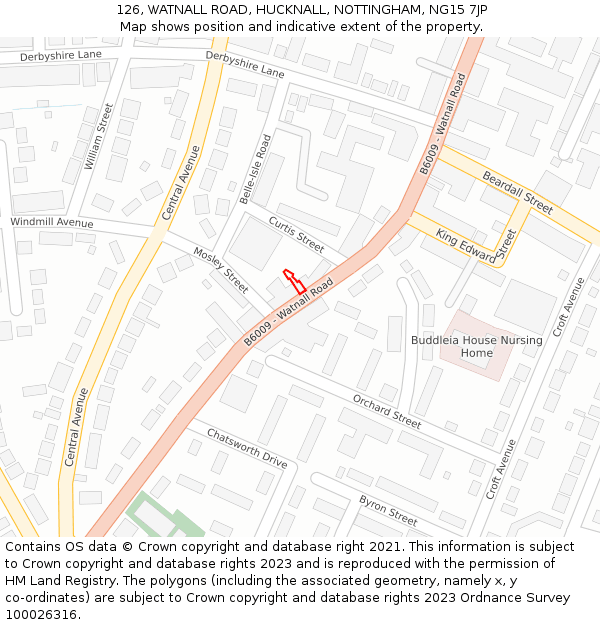 126, WATNALL ROAD, HUCKNALL, NOTTINGHAM, NG15 7JP: Location map and indicative extent of plot