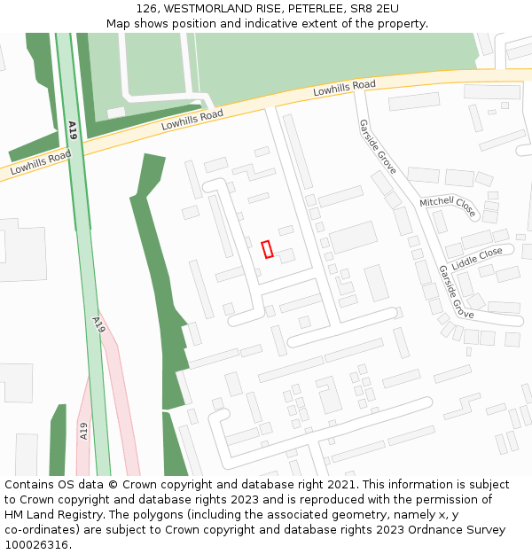 126, WESTMORLAND RISE, PETERLEE, SR8 2EU: Location map and indicative extent of plot