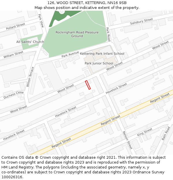 126, WOOD STREET, KETTERING, NN16 9SB: Location map and indicative extent of plot