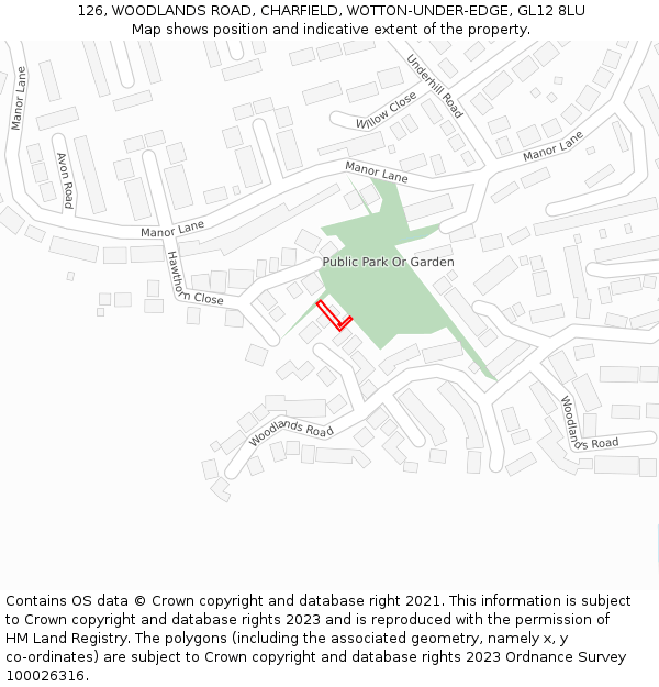 126, WOODLANDS ROAD, CHARFIELD, WOTTON-UNDER-EDGE, GL12 8LU: Location map and indicative extent of plot