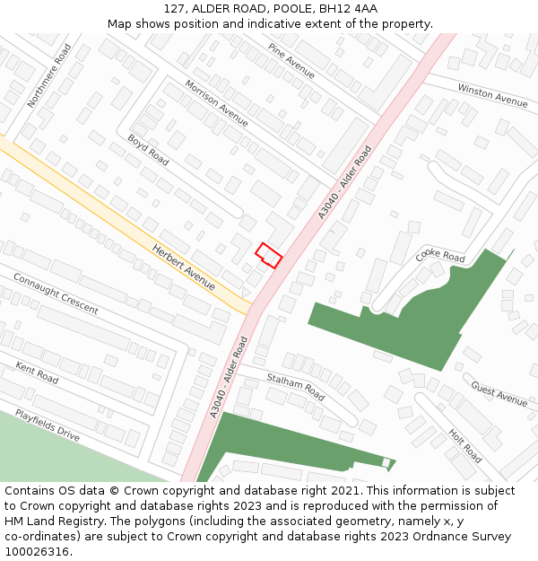 127, ALDER ROAD, POOLE, BH12 4AA: Location map and indicative extent of plot