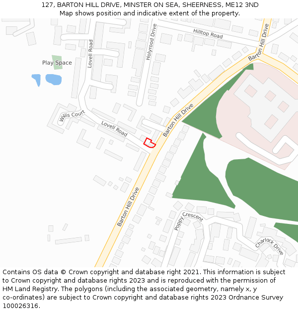 127, BARTON HILL DRIVE, MINSTER ON SEA, SHEERNESS, ME12 3ND: Location map and indicative extent of plot