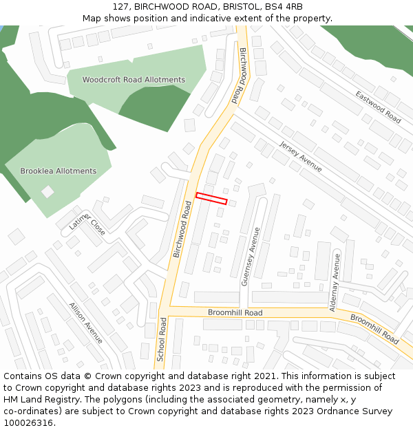 127, BIRCHWOOD ROAD, BRISTOL, BS4 4RB: Location map and indicative extent of plot