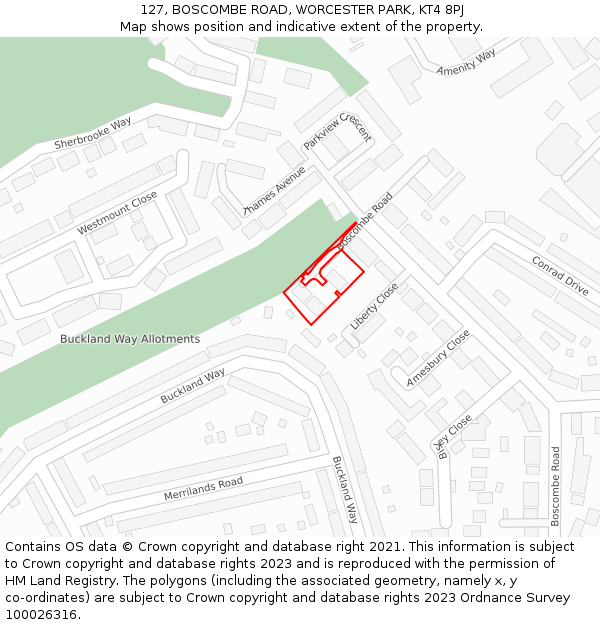 127, BOSCOMBE ROAD, WORCESTER PARK, KT4 8PJ: Location map and indicative extent of plot