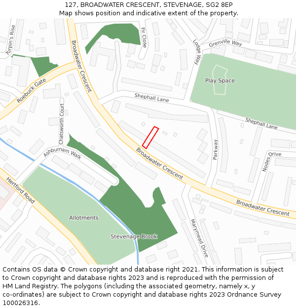 127, BROADWATER CRESCENT, STEVENAGE, SG2 8EP: Location map and indicative extent of plot