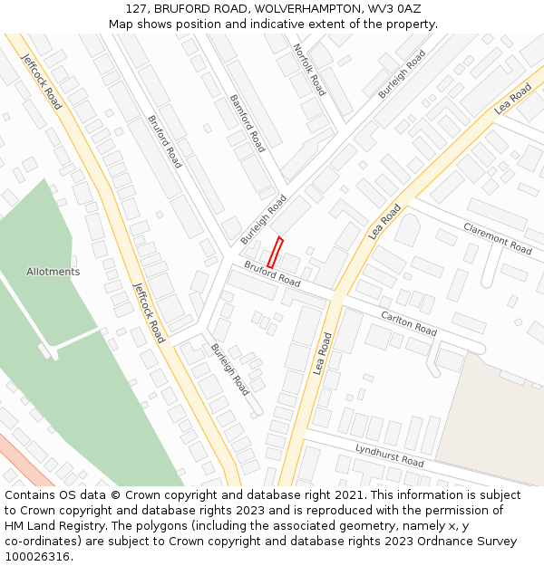 127, BRUFORD ROAD, WOLVERHAMPTON, WV3 0AZ: Location map and indicative extent of plot