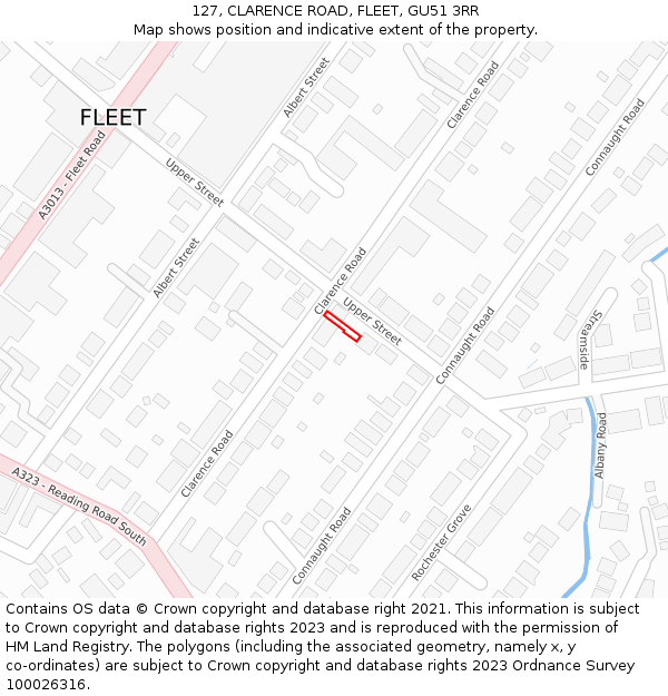 127, CLARENCE ROAD, FLEET, GU51 3RR: Location map and indicative extent of plot