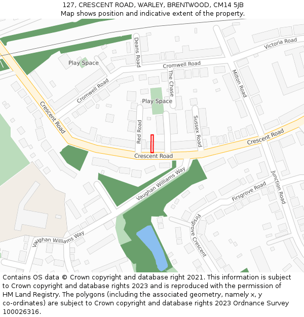 127, CRESCENT ROAD, WARLEY, BRENTWOOD, CM14 5JB: Location map and indicative extent of plot
