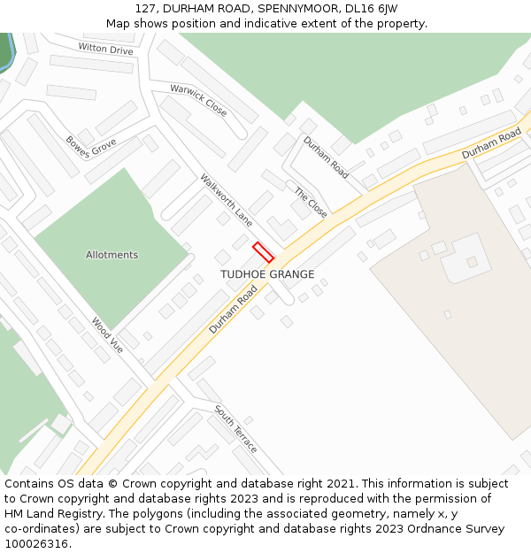 127, DURHAM ROAD, SPENNYMOOR, DL16 6JW: Location map and indicative extent of plot