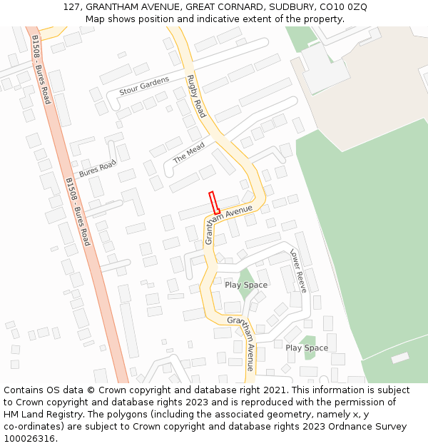 127, GRANTHAM AVENUE, GREAT CORNARD, SUDBURY, CO10 0ZQ: Location map and indicative extent of plot
