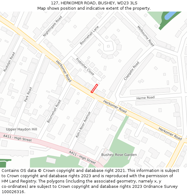 127, HERKOMER ROAD, BUSHEY, WD23 3LS: Location map and indicative extent of plot