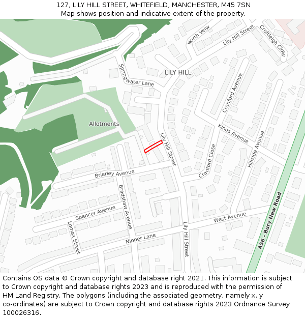 127, LILY HILL STREET, WHITEFIELD, MANCHESTER, M45 7SN: Location map and indicative extent of plot