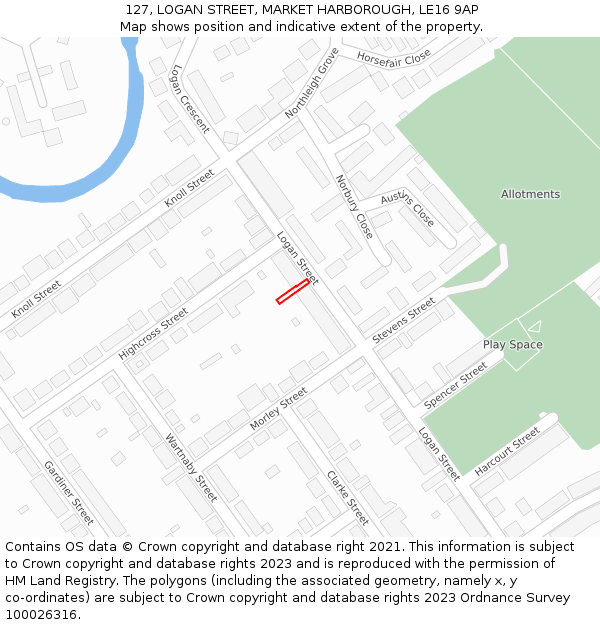 127, LOGAN STREET, MARKET HARBOROUGH, LE16 9AP: Location map and indicative extent of plot
