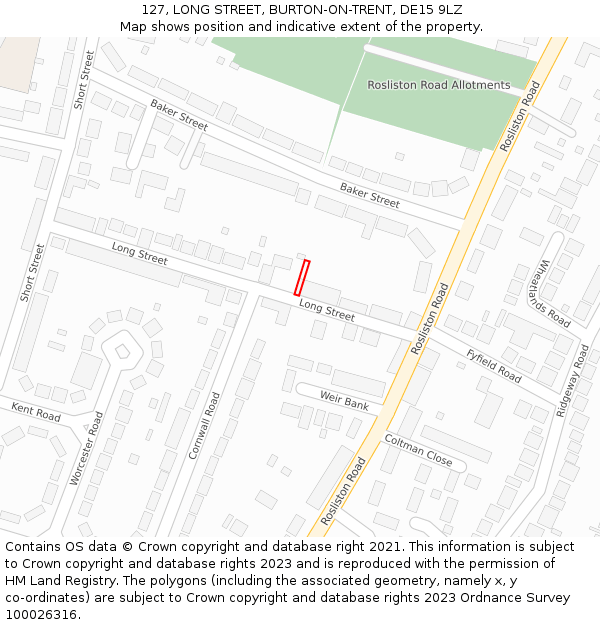 127, LONG STREET, BURTON-ON-TRENT, DE15 9LZ: Location map and indicative extent of plot