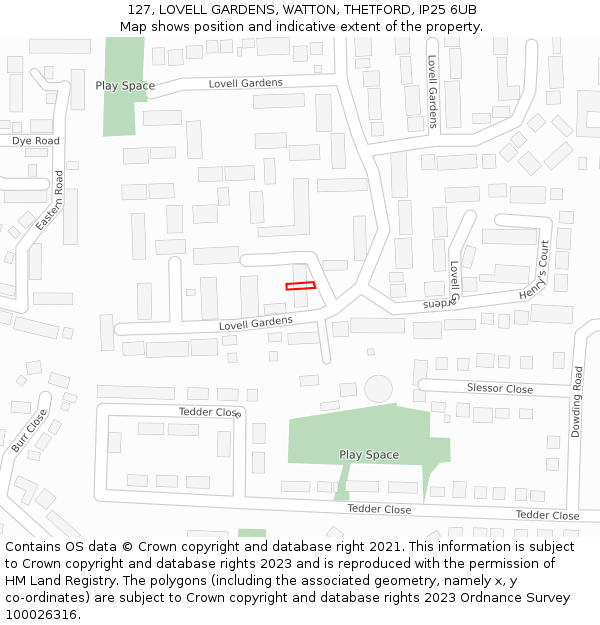 127, LOVELL GARDENS, WATTON, THETFORD, IP25 6UB: Location map and indicative extent of plot