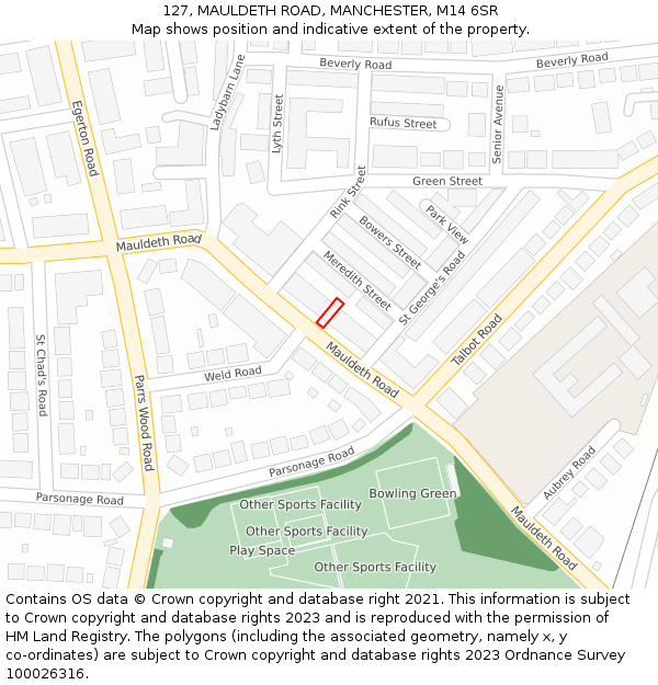 127, MAULDETH ROAD, MANCHESTER, M14 6SR: Location map and indicative extent of plot