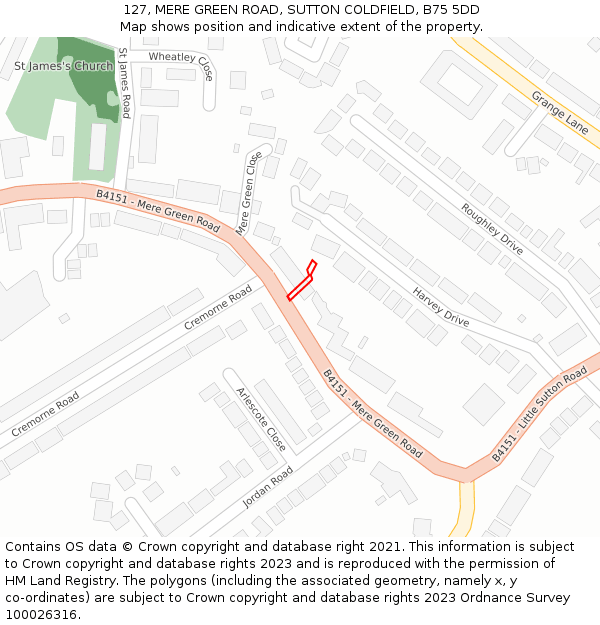 127, MERE GREEN ROAD, SUTTON COLDFIELD, B75 5DD: Location map and indicative extent of plot
