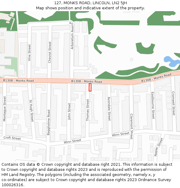 127, MONKS ROAD, LINCOLN, LN2 5JH: Location map and indicative extent of plot