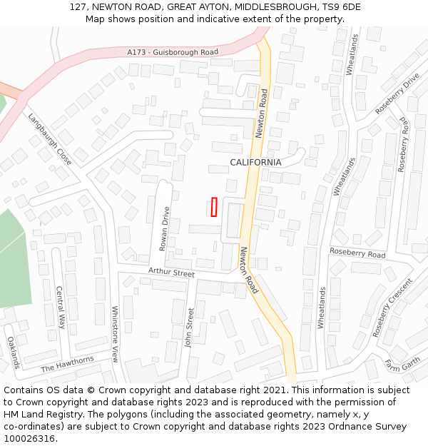 127, NEWTON ROAD, GREAT AYTON, MIDDLESBROUGH, TS9 6DE: Location map and indicative extent of plot