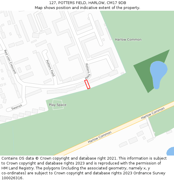 127, POTTERS FIELD, HARLOW, CM17 9DB: Location map and indicative extent of plot