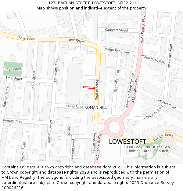 127, RAGLAN STREET, LOWESTOFT, NR32 2JU: Location map and indicative extent of plot