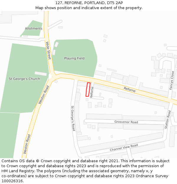 127, REFORNE, PORTLAND, DT5 2AP: Location map and indicative extent of plot