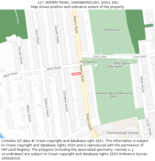 127, ROPERY ROAD, GAINSBOROUGH, DN21 2NU: Location map and indicative extent of plot