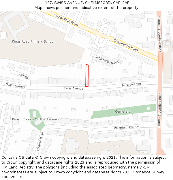 127, SWISS AVENUE, CHELMSFORD, CM1 2AF: Location map and indicative extent of plot
