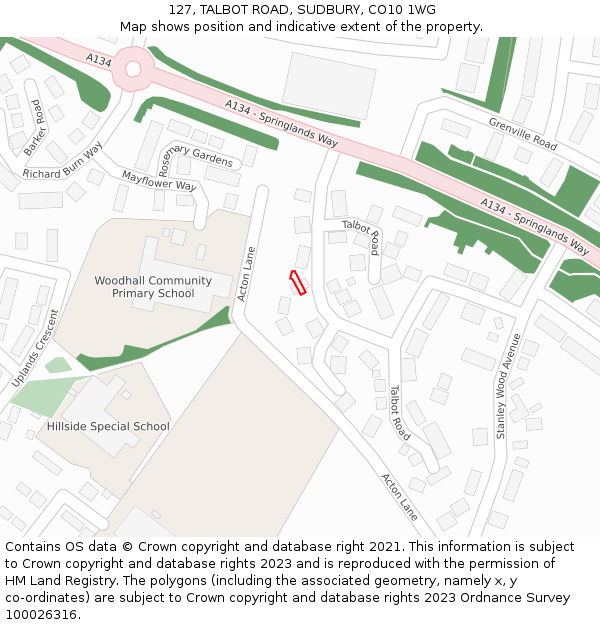 127, TALBOT ROAD, SUDBURY, CO10 1WG: Location map and indicative extent of plot