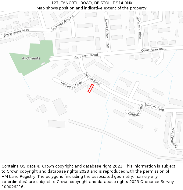 127, TANORTH ROAD, BRISTOL, BS14 0NX: Location map and indicative extent of plot
