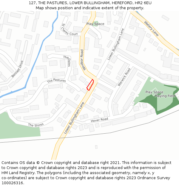 127, THE PASTURES, LOWER BULLINGHAM, HEREFORD, HR2 6EU: Location map and indicative extent of plot