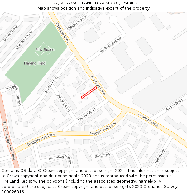 127, VICARAGE LANE, BLACKPOOL, FY4 4EN: Location map and indicative extent of plot