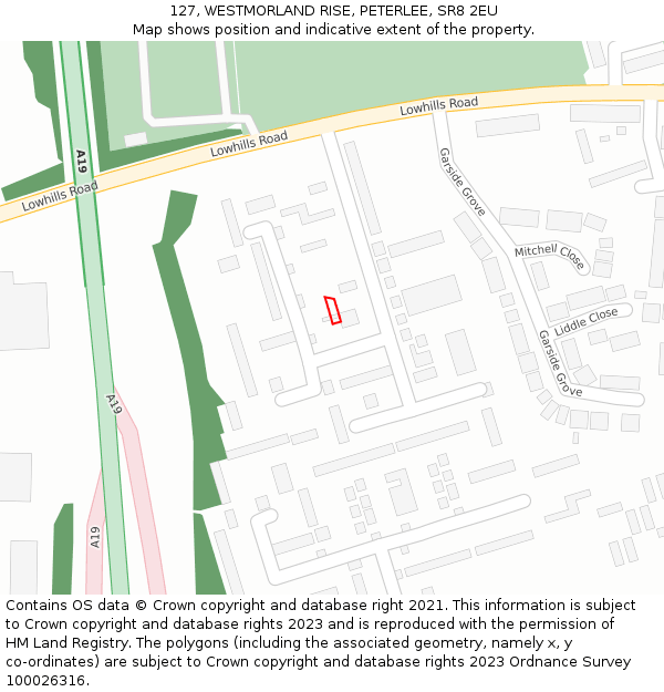 127, WESTMORLAND RISE, PETERLEE, SR8 2EU: Location map and indicative extent of plot