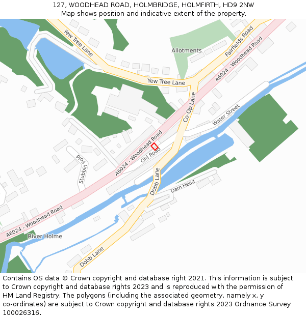 127, WOODHEAD ROAD, HOLMBRIDGE, HOLMFIRTH, HD9 2NW: Location map and indicative extent of plot