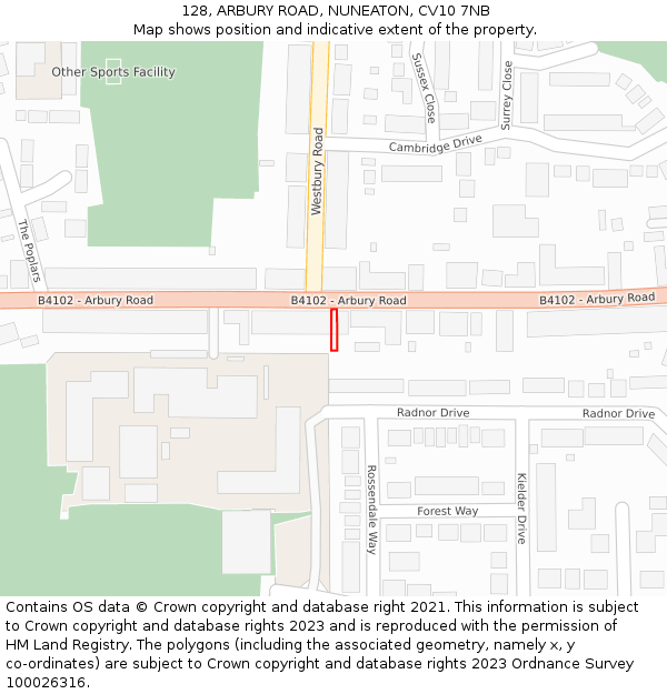 128, ARBURY ROAD, NUNEATON, CV10 7NB: Location map and indicative extent of plot
