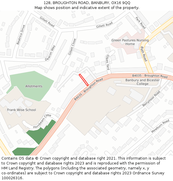 128, BROUGHTON ROAD, BANBURY, OX16 9QQ: Location map and indicative extent of plot