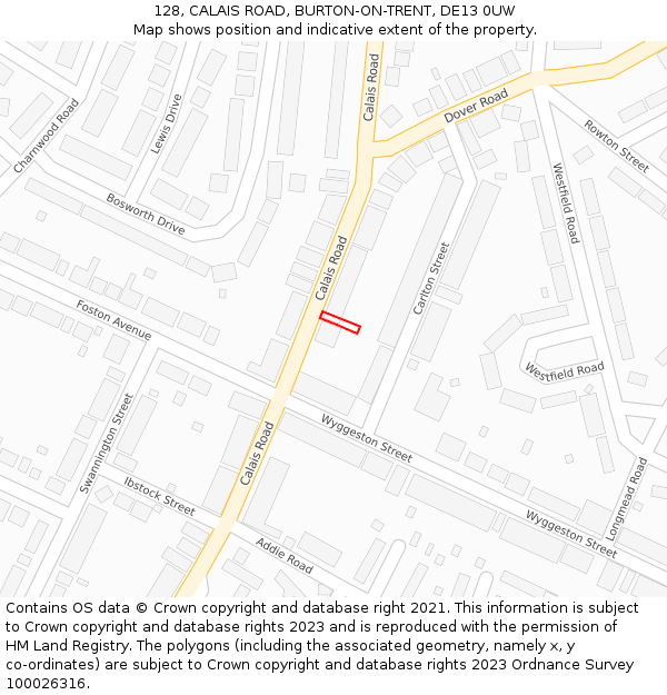 128, CALAIS ROAD, BURTON-ON-TRENT, DE13 0UW: Location map and indicative extent of plot