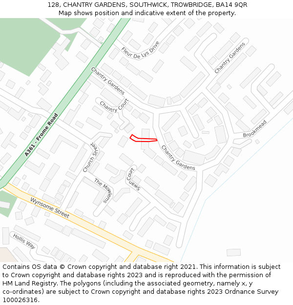128, CHANTRY GARDENS, SOUTHWICK, TROWBRIDGE, BA14 9QR: Location map and indicative extent of plot