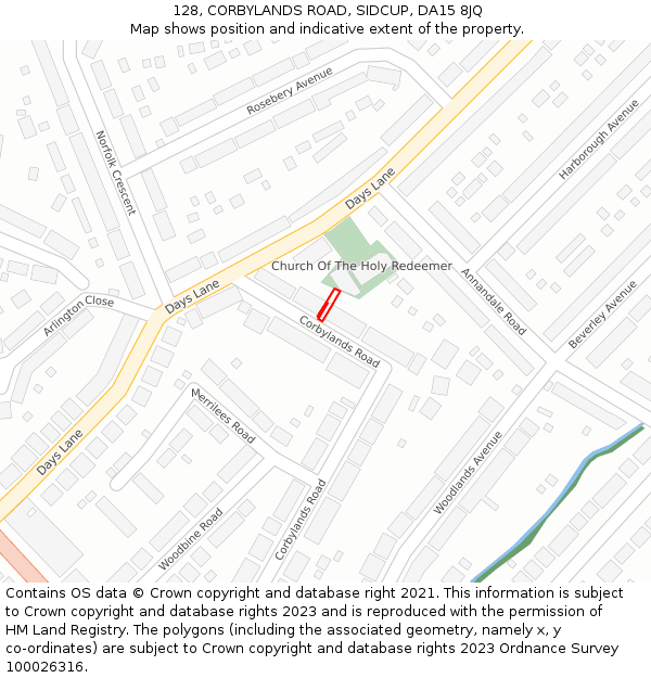 128, CORBYLANDS ROAD, SIDCUP, DA15 8JQ: Location map and indicative extent of plot