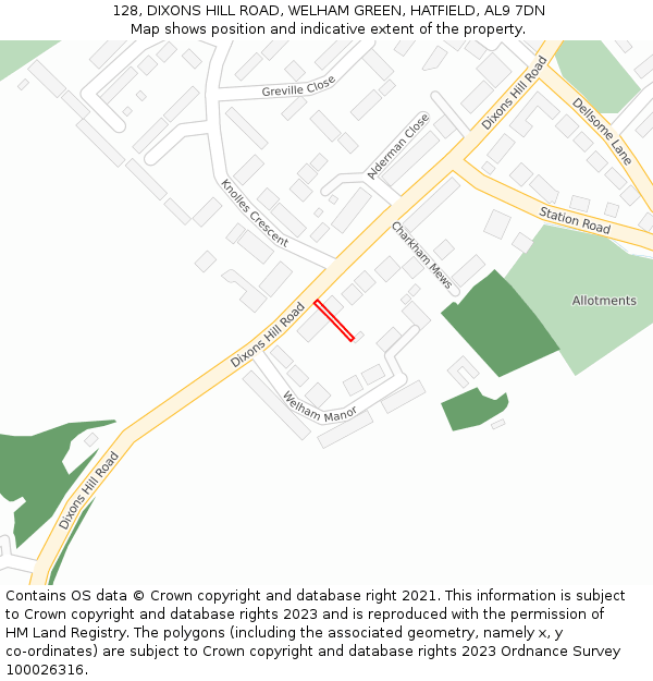 128, DIXONS HILL ROAD, WELHAM GREEN, HATFIELD, AL9 7DN: Location map and indicative extent of plot