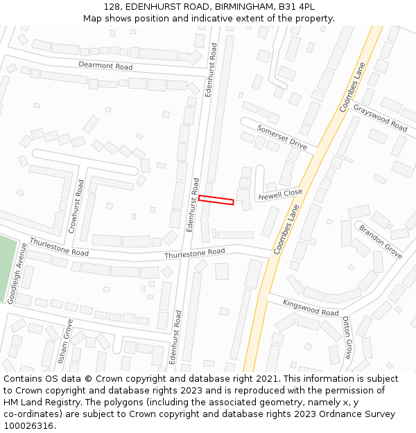 128, EDENHURST ROAD, BIRMINGHAM, B31 4PL: Location map and indicative extent of plot