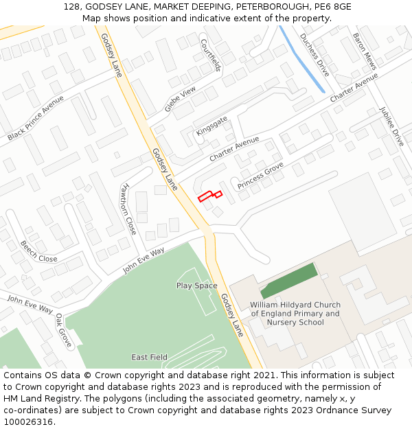 128, GODSEY LANE, MARKET DEEPING, PETERBOROUGH, PE6 8GE: Location map and indicative extent of plot