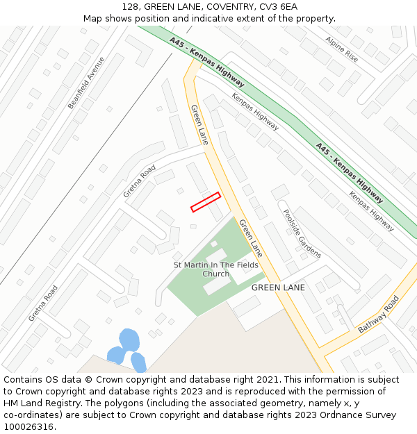 128, GREEN LANE, COVENTRY, CV3 6EA: Location map and indicative extent of plot