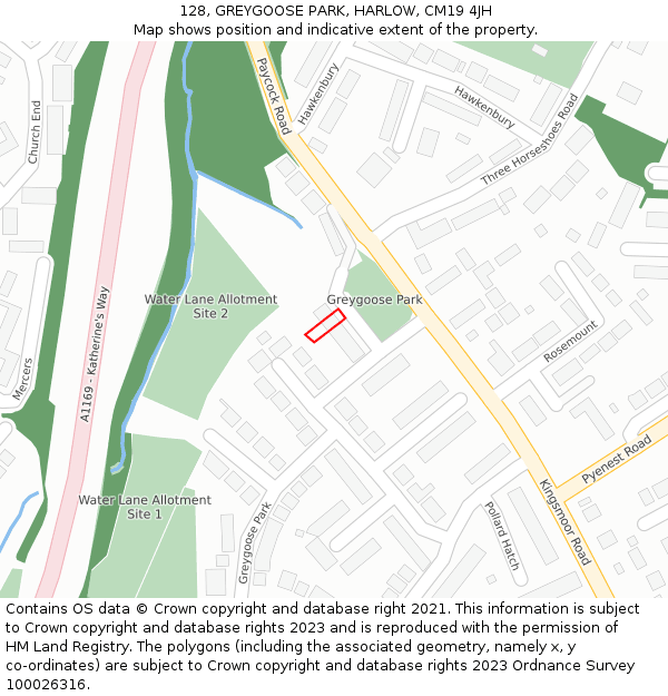 128, GREYGOOSE PARK, HARLOW, CM19 4JH: Location map and indicative extent of plot