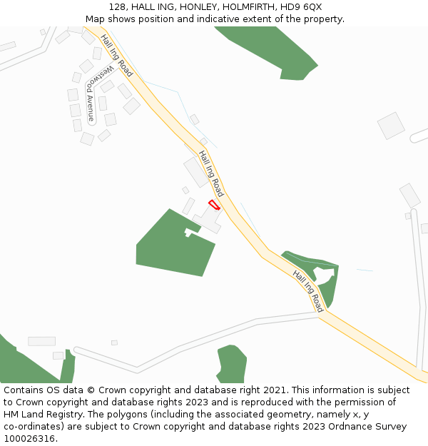 128, HALL ING, HONLEY, HOLMFIRTH, HD9 6QX: Location map and indicative extent of plot